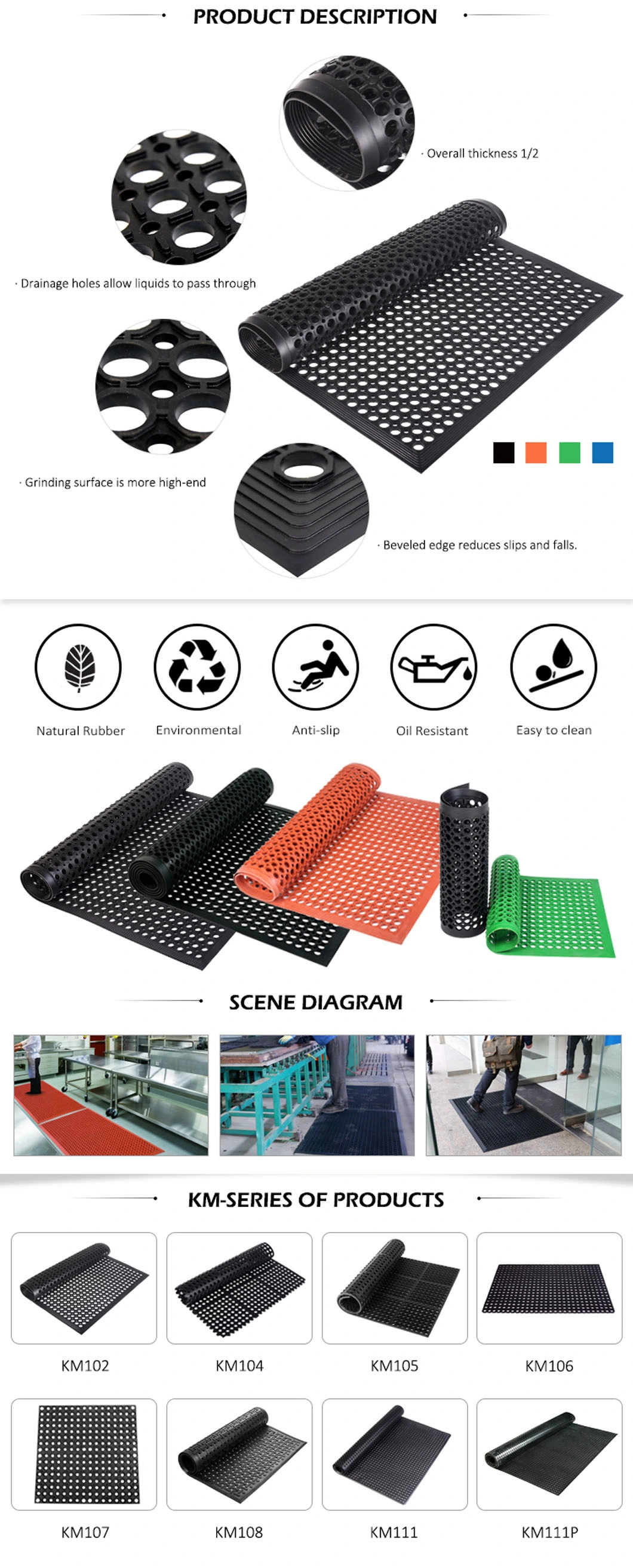 Anti Fatigue Restaurant Perforated Rubber Floor Mat with Holes Rubber Kitchen Mat Industrial Workshop Waterproof Anti Skid Safety Honeycomb Rubber Mat Flooring